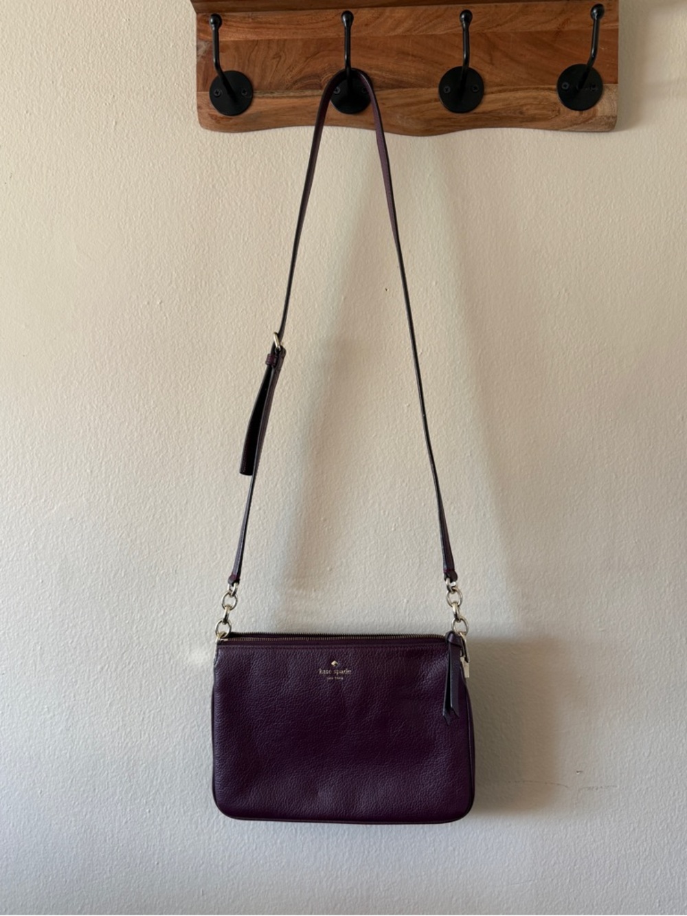 Kate Spade Plum Pebble Leather Crossbody Bag Triple Pocket Zip Top